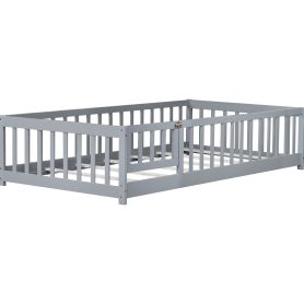 Rubber Wood Twin Size Floor Bed With Fence, Door and Safety Guardrails