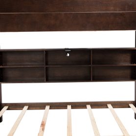 Queen Over Queen Bunk Bed with Built-in Storage Cabinets, Charging Station, Ladder, and Safety Guardrails