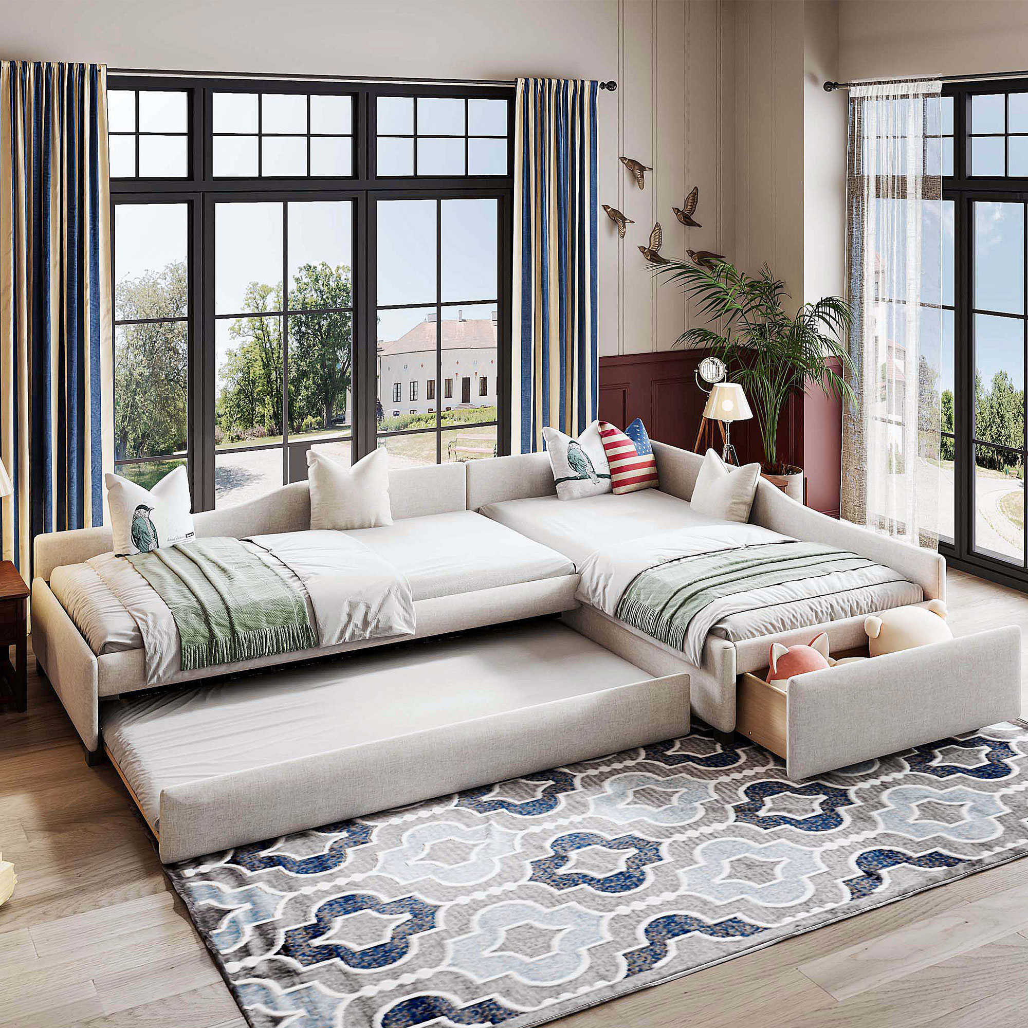 Upholstered Double Twin Size Daybed with Trundle and Drawer