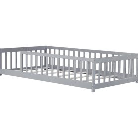 Rubber Wood Twin Size Floor Bed With Fence and Safety Guardrails