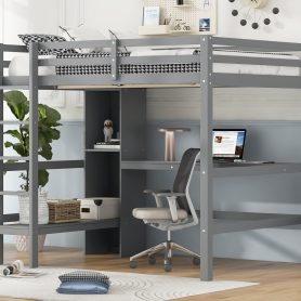 Full Size Loft Bed With Multifunction Shelves And Under-bed Desk