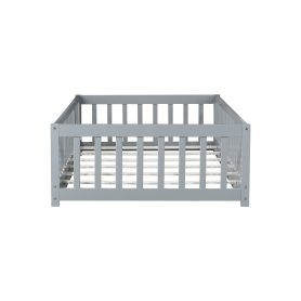 Rubber Wood Twin Size Floor Bed With Fence, Door and Safety Guardrails