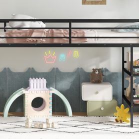 Twin Size Metal Loft Bed With Storage Shelf, Easy Climbing Ladder And Guardrails
