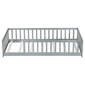 Rubber Wood Twin Size Floor Bed With Fence and Safety Guardrails