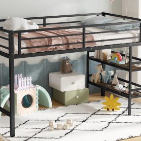 Twin Size Metal Loft Bed With Storage Shelf, Easy Climbing Ladder And Guardrails