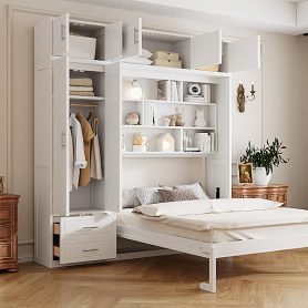 Queen Size Wall Murphy Bed With Top Cabinet, Shelves And Wardrobe
