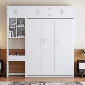 Queen Size Wall Murphy Bed With Desk, Top Cabinet And Storage Shelves