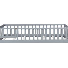 Rubber Wood Twin Size Floor Bed With Fence, Door and Safety Guardrails