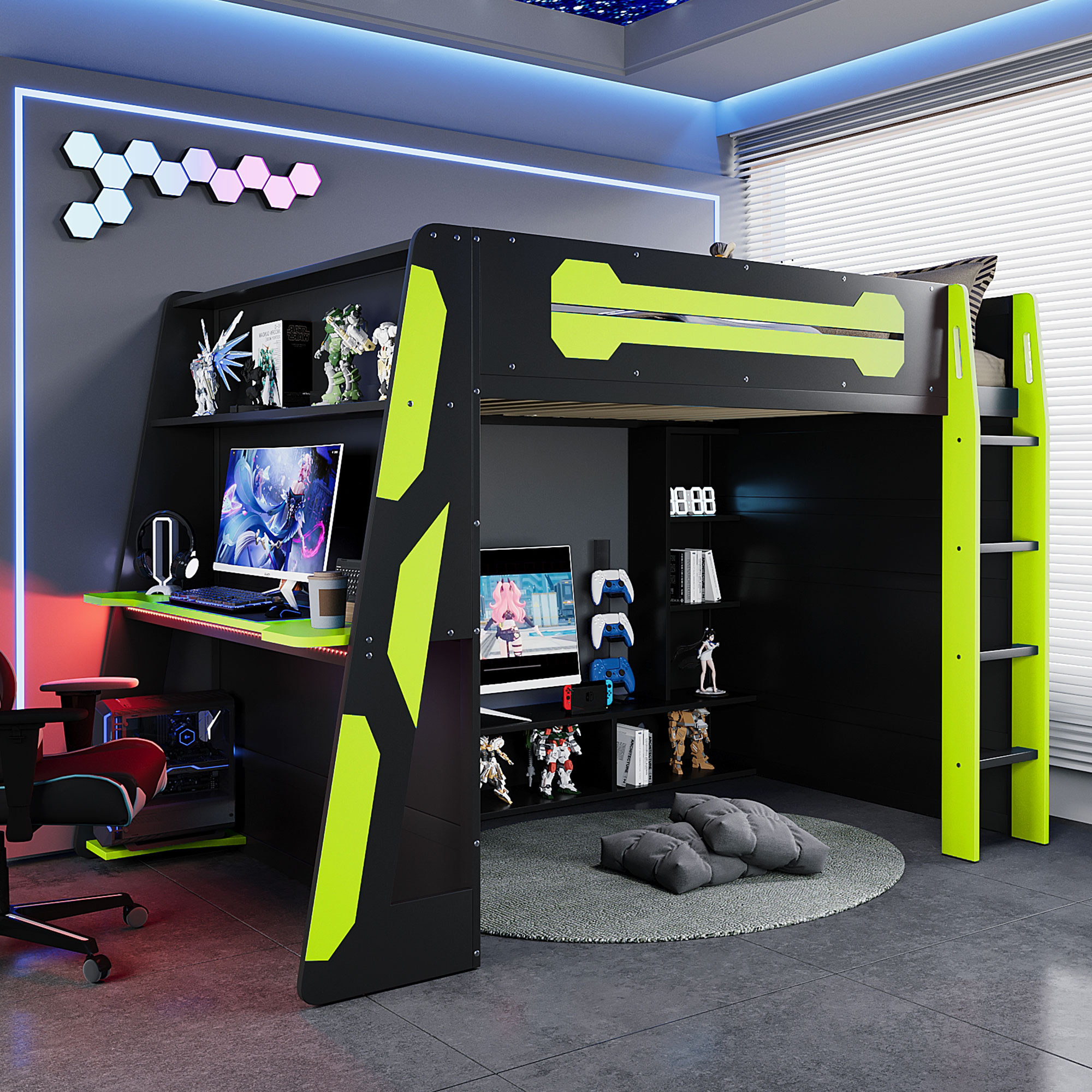 Full Size Wood Loft Bed with Desk, Multi-storage Shelves and RGB Light