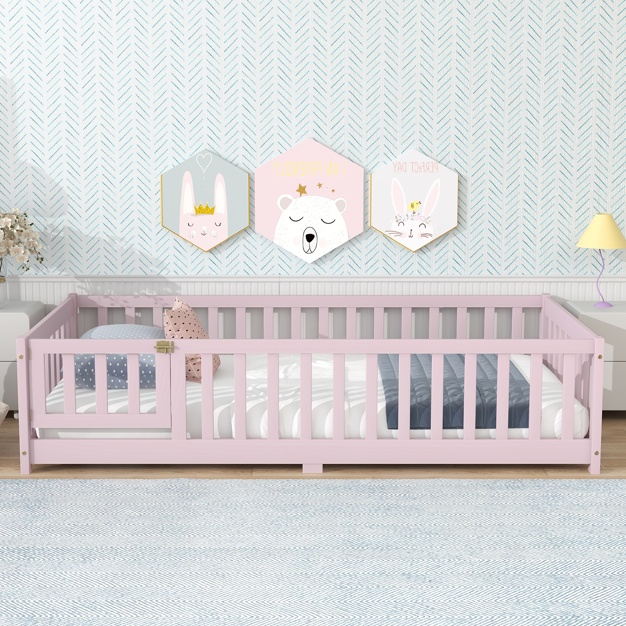 Rubber Wood Twin Size Floor Bed With Fence, Door and Safety Guardrails