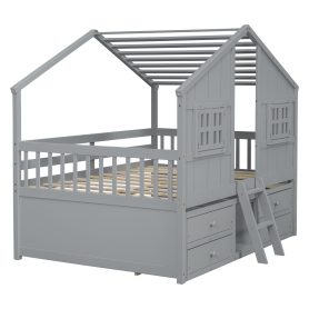 Full Size House Loft Bed with Roof, Windows, 4 Storage Drawers, Safety Guardrails and Ladder