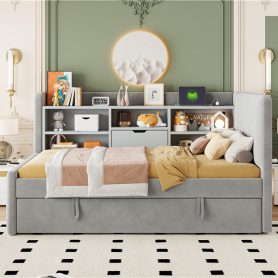 Twin Size Upholstered Daybed with Trundle, Storage Shelves, USB & Outlet