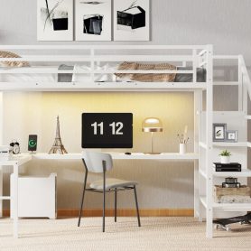 Twin XL Size Metal Loft Bed with L-Shaped Desk, USB, Wardrobe and Adjustable Shelf