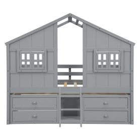Full Size House Loft Bed with Roof, Windows, 4 Storage Drawers, Safety Guardrails and Ladder