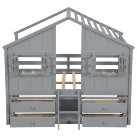Full Size House Loft Bed with Roof, Windows, 4 Storage Drawers, Safety Guardrails and Ladder