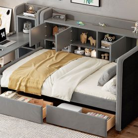 Twin Size Upholstered Daybed with Drawers, Shelves, Flip Cabinets & Side Table