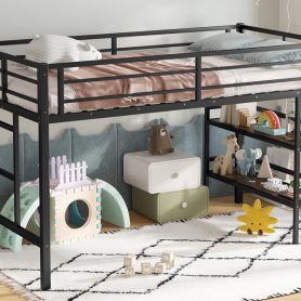 Twin Size Metal Loft Bed With Storage Shelf, Easy Climbing Ladder And Guardrails