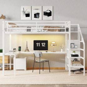 Twin XL Size Metal Loft Bed with L-Shaped Desk, USB, Wardrobe and Adjustable Shelf