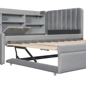 Twin Size Upholstered Daybed with Trundle, Storage Shelves, USB & Outlet