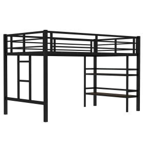 Twin Size Metal Loft Bed With Storage Shelf, Easy Climbing Ladder And Guardrails