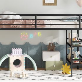 Twin Size Metal Loft Bed With Storage Shelf, Easy Climbing Ladder And Guardrails