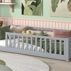 Rubber Wood Twin Size Floor Bed With Fence and Safety Guardrails