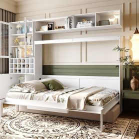 Full Size Murphy Bed Wall Bed With Sofa, Shelves Usb & Light