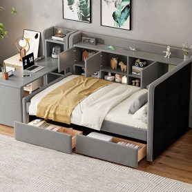 Twin Size Upholstered Daybed with Drawers, Shelves, Flip Cabinets & Side Table