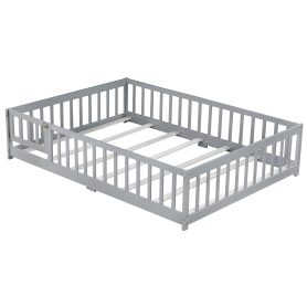 Rubber Wood Full Size Floor Bed With Fence, Door and Safety Guardrails