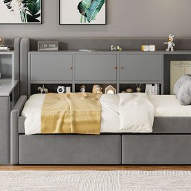 Twin Size Upholstered Daybed with Drawers, Shelves, Flip Cabinets & Side Table