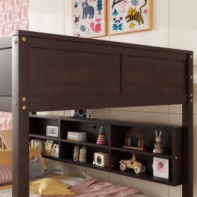 Queen Over Queen Bunk Bed with Built-in Storage Cabinets, Charging Station, Ladder, and Safety Guardrails