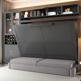 Queen Size Murphy Bed Wall Bed with Sofa, Shelves USB & Light