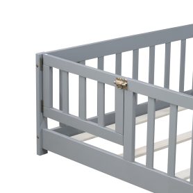 Rubber Wood Twin Size Floor Bed With Fence, Door and Safety Guardrails