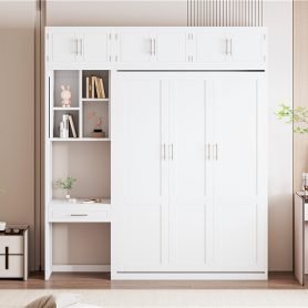 Full Size Wall Murphy Bed with Desk, Top Cabinet and Storage Shelves