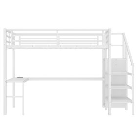 Twin XL Size Metal Loft Bed with L-Shaped Desk, USB, Wardrobe and Adjustable Shelf