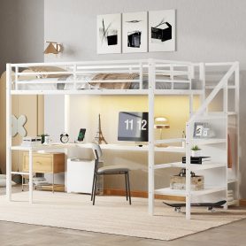 Twin XL Size Metal Loft Bed with L-Shaped Desk, USB, Wardrobe and Adjustable Shelf