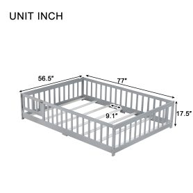 Rubber Wood Full Size Floor Bed With Fence, Door and Safety Guardrails