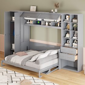 Queen Size Wall Bed with Closet, Drawers and Shelves
