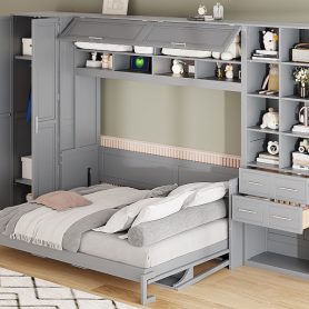 Queen Size Wall Bed with Closet, Drawers and Shelves