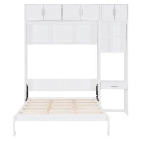 Queen Size Wall Murphy Bed With Desk, Top Cabinet And Storage Shelves