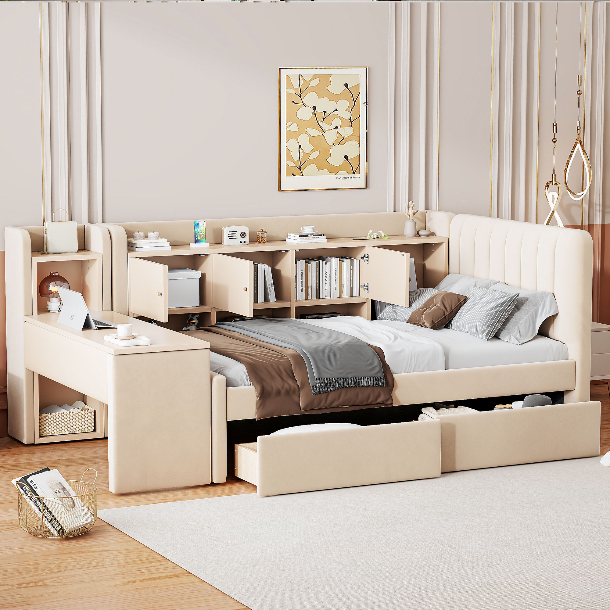 Twin Size Upholstered Daybed with Drawers, Shelves, Flip Cabinets & Side Table