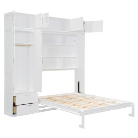 Queen Size Wall Murphy Bed With Top Cabinet, Shelves And Wardrobe