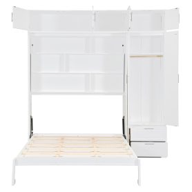 Queen Size Wall Murphy Bed With Top Cabinet, Shelves And Wardrobe