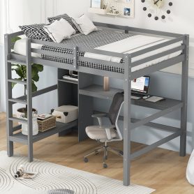 Full Size Loft Bed With Multifunction Shelves And Under-bed Desk