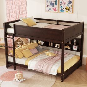 Queen Over Queen Bunk Bed with Built-in Storage Cabinets, Charging Station, Ladder, and Safety Guardrails