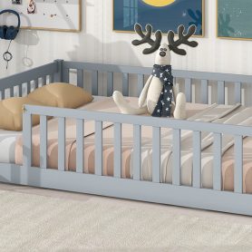 Rubber Wood Full Size Floor Bed With Fence, Door and Safety Guardrails
