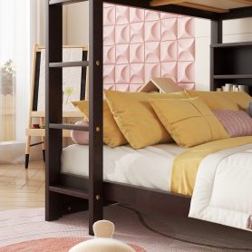Queen Over Queen Bunk Bed with Built-in Storage Cabinets, Charging Station, Ladder, and Safety Guardrails