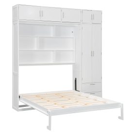Queen Size Wall Murphy Bed With Top Cabinet, Shelves And Wardrobe