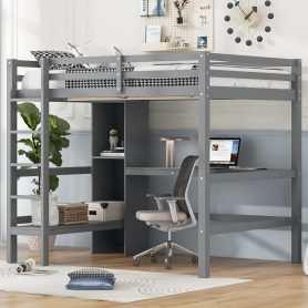 Full Size Loft Bed With Multifunction Shelves And Under-bed Desk