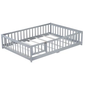Rubber Wood Full Size Floor Bed With Fence, Door and Safety Guardrails
